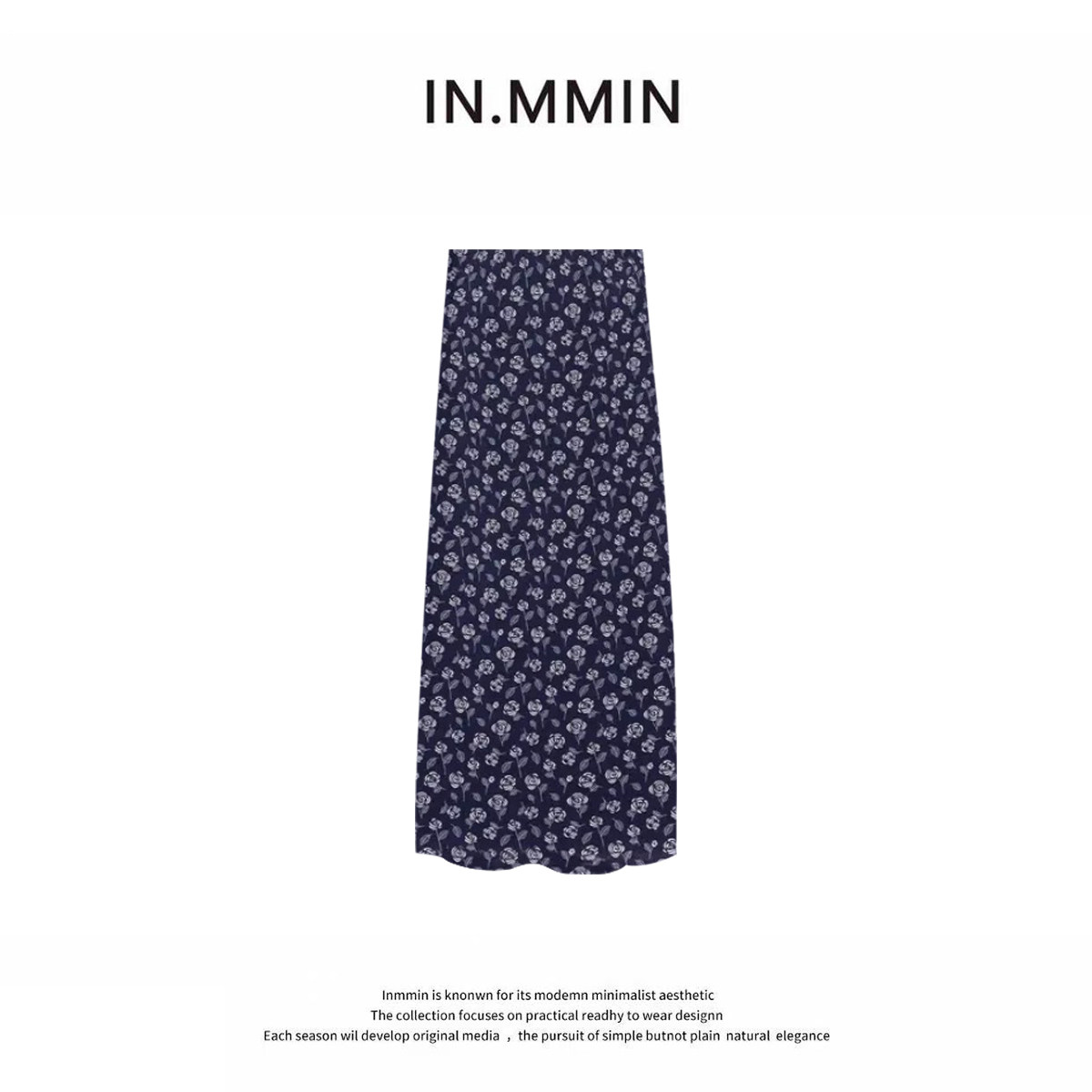 INMMIN 复古夏季紫蓝色碎花高腰显瘦长裙半身裙