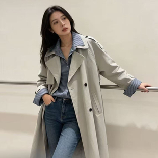 2026新款韩版翻领条纹拼接领假两件双排扣中长款风衣女外套系腰带