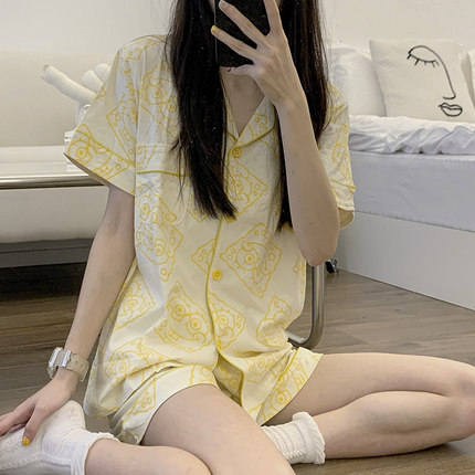 ins韩系海绵宝宝夏季女士睡衣短袖短裤纯棉卡通情侣男动漫家居服