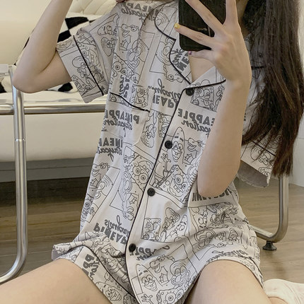 ins韩系海绵宝宝夏季女士睡衣短袖纯棉卡通情侣男动漫印花家居服