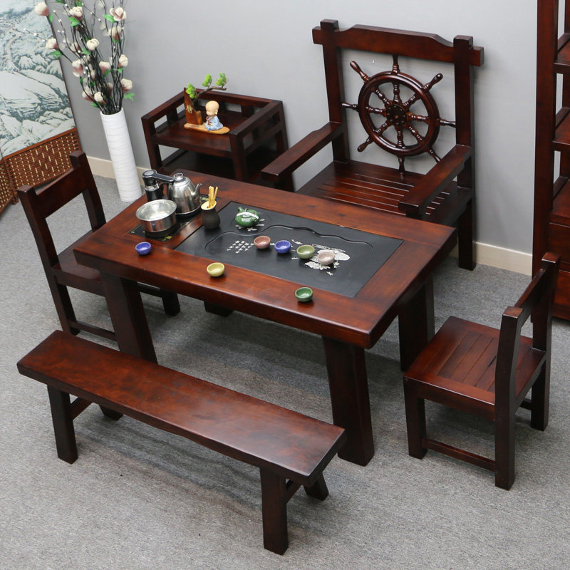 老船木茶桌椅组合实木小茶台一桌五椅家用茶几家用小型办公泡茶桌