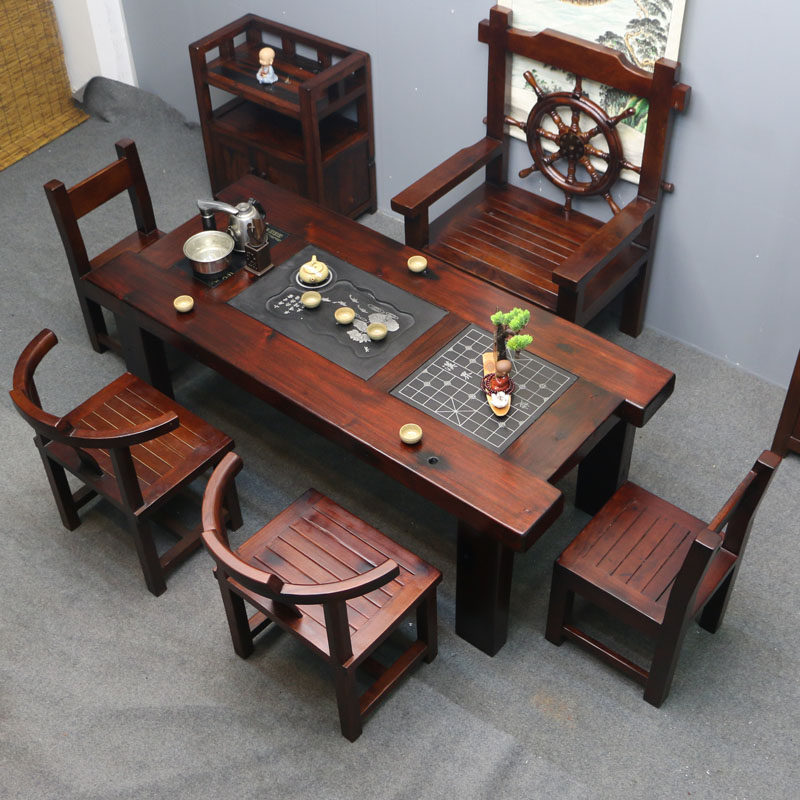 老船木茶桌椅组合功夫茶桌实木中式仿古套装一体家用办公室泡茶桌