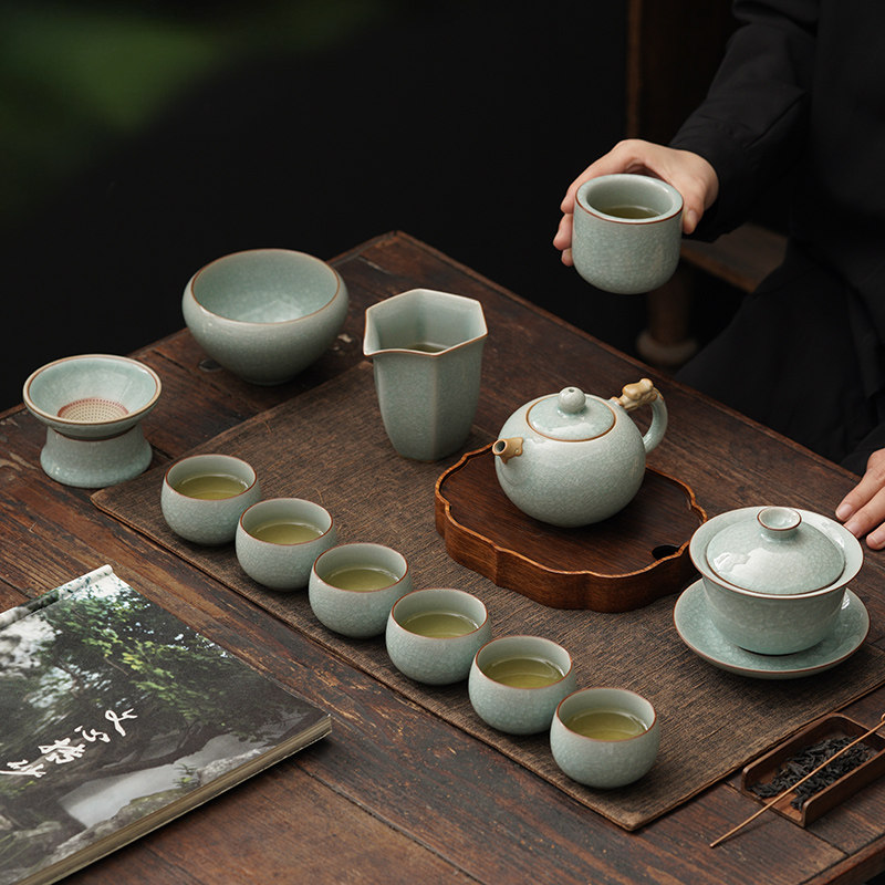 冰裂汝窑功夫茶具套组开片可养整套泡茶壶盖碗家用轻奢高档送礼