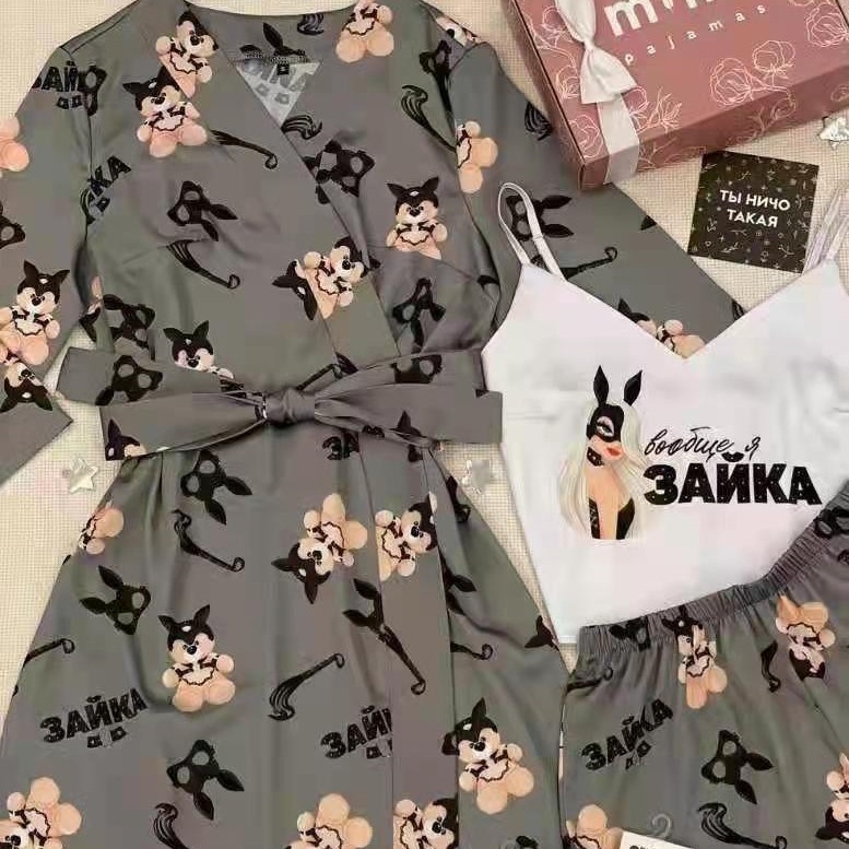 外贸性感弹力色丁吊带背心短裤睡衣三件套装女仿真冰丝绸V领家居