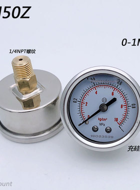 YN50Z充硅油表0-1MPa耐低温压力表10Kg抗震表轴向接口1/4NPT螺纹