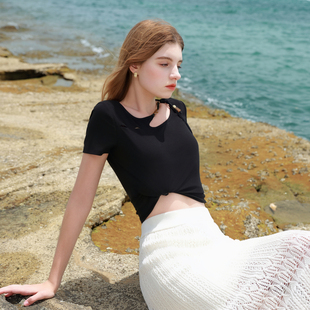 ibudu2025夏季新款新中式T恤正肩短袖盘带串珠上衣女