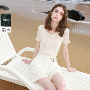 ibudu2025夏季新款莱赛尔针织衫坑条木耳边修身毛衫短款女