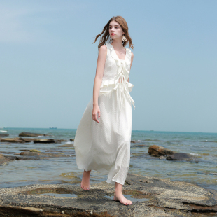 ibudu2025夏季新款提花套装荷叶边无袖上衣松紧腰半身裙女