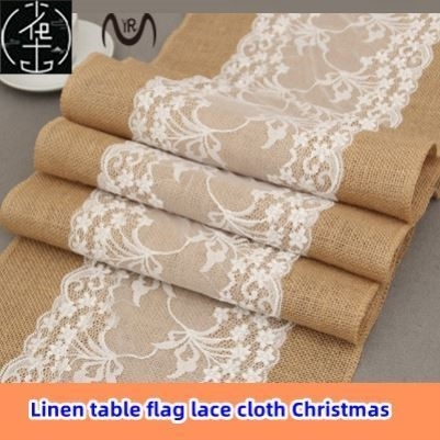 ,Linen table flag lace cloth Christmas黄麻布桌旗蕾丝桌布装饰