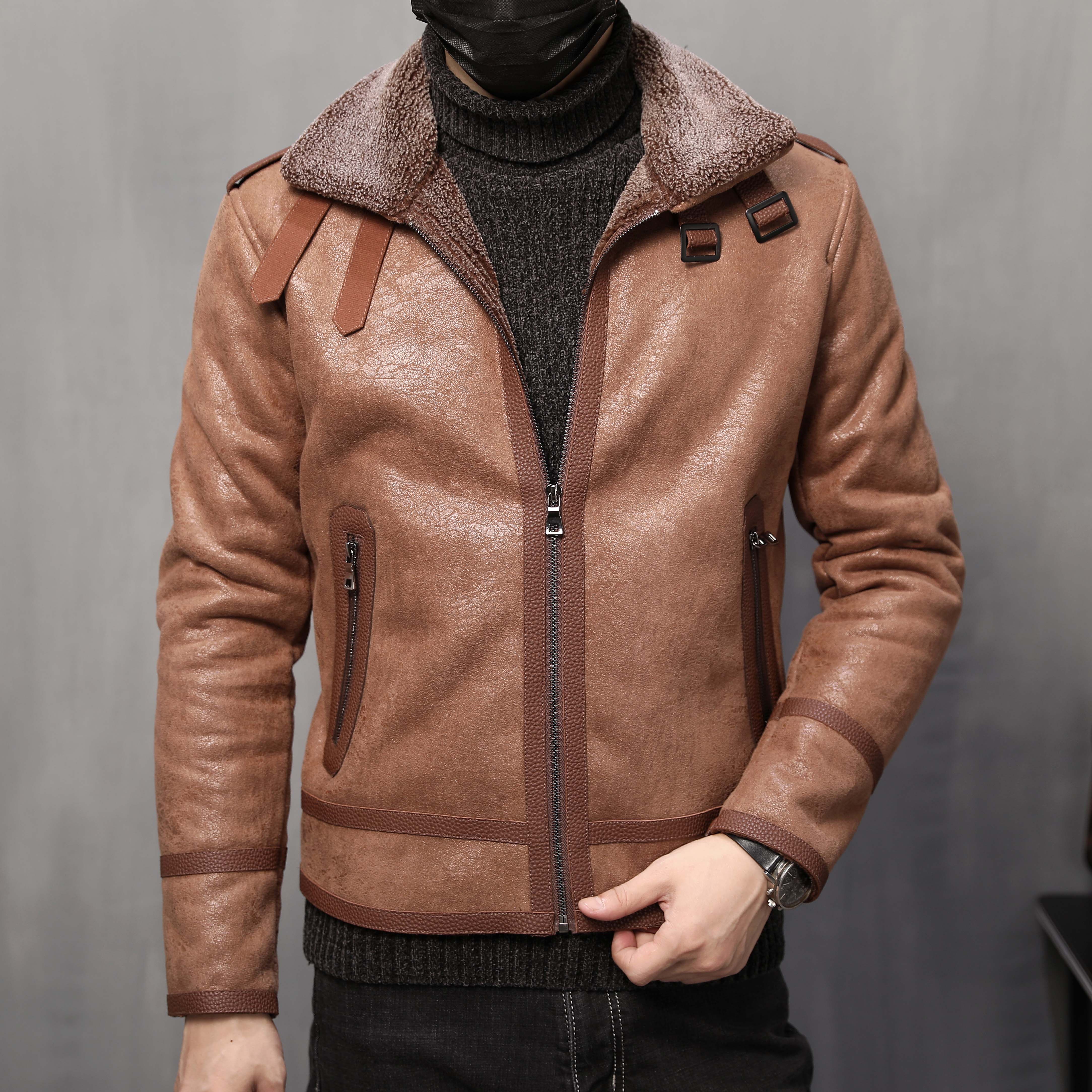 仿麂皮绒羊羔毛皮毛一体机车皮衣男外套大码棉衣大货F11P245控298，男装皮衣，电商D318(原电商B337)