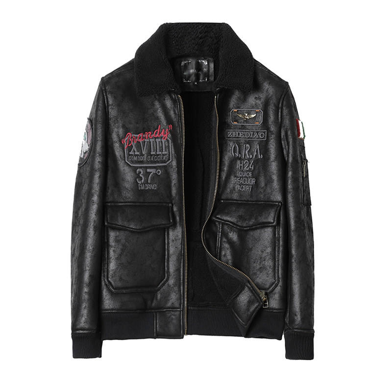 皮毛一体男刺绣飞行服贴标机车皮衣大码D318#F66-P245控338主推,男装皮衣,电商D318(原电商B337)