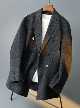 双面呢大衣男羊毛西装毛呢男双排扣羊绒短款外套F5501#P325控608