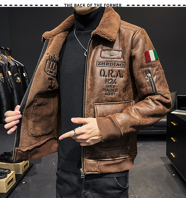 皮毛一体男刺绣飞行服贴标机车皮衣大码QT6022F66-P245控338主推，男装皮衣，电商D318(原电商B337)