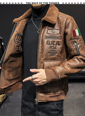 皮毛一体男刺绣飞行服贴标机车皮衣大码D318#F66- P245控338主推