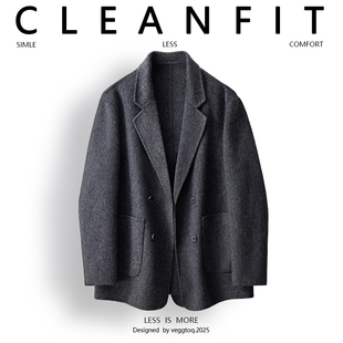 P335控618 外套F8066 双面呢大衣男羊毛西装 毛呢男双排扣羊绒短款