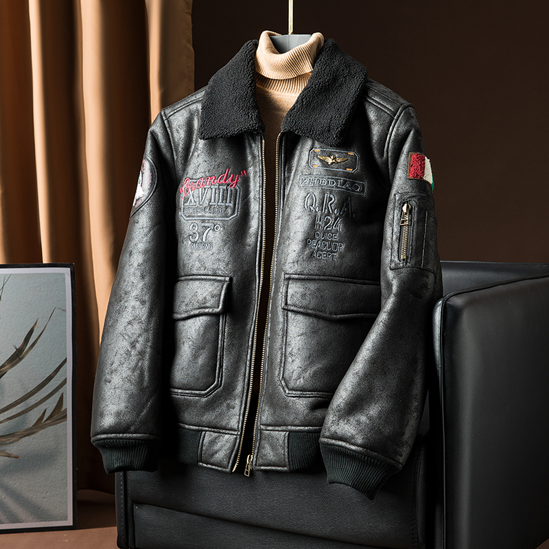 冬季大码男皮毛一体羊羔绒加绒加厚麂皮绒外套QT6022#F66-P245，男装皮衣，电商D318(原电商B337)
