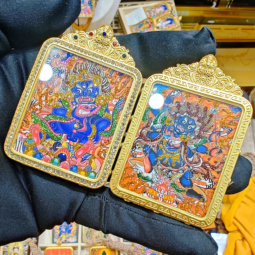 【纯手绘彩金】黑财神+大黑天双面铜壳唐卡吊坠项链送五路绳贴