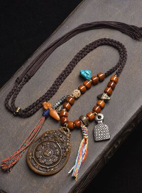 藏传回流牦牛骨九宫八卦吊牌挂坠毛衣链文玩复古纯手工编织绳项链