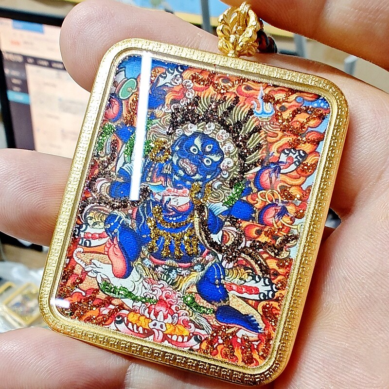 【纯手绘彩金】大黑天守护财神财运单面唐卡吊坠挂件项链送五路绳
