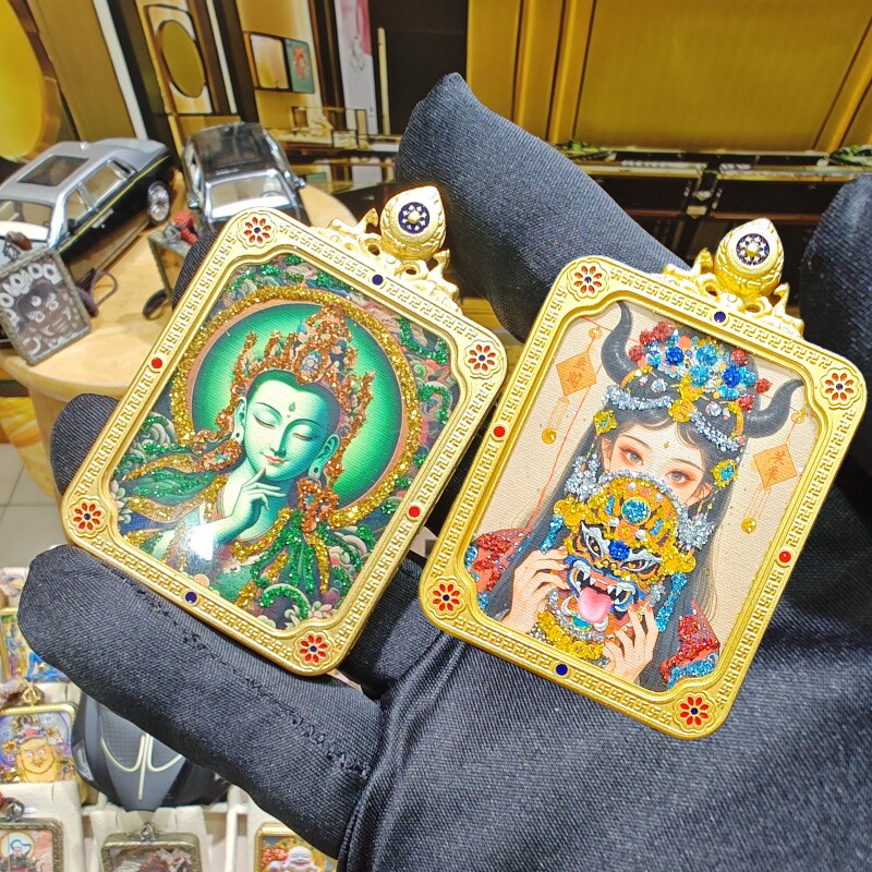铜壳送礼【纯手绘彩金】扎基拉姆+绿度母【双面唐卡吊坠项链送绳