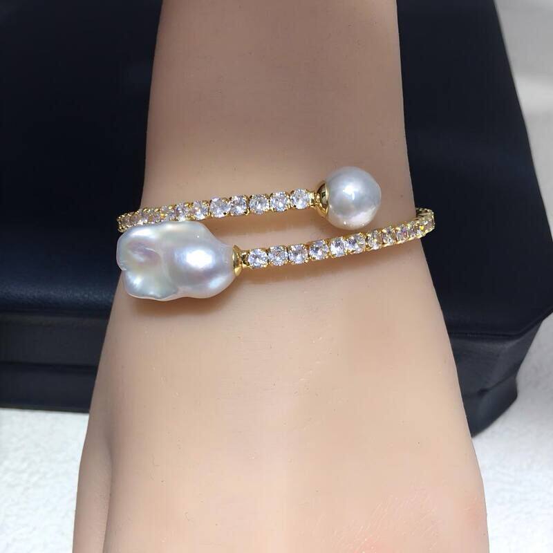 轻奢璀璨镶钻夸张珍珠手镯天然淡水鱼尾巴洛克珍珠手饰跨境批发