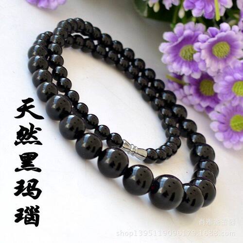 巴西黑玉髓色玛瑙塔链 女士黑玛瑙6-14mm黑玉髓项链圆珠项链