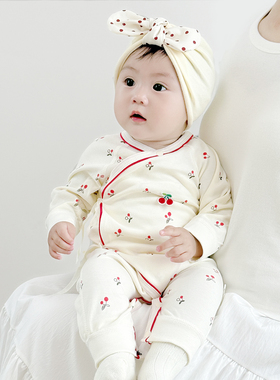 婴儿衣服春秋款宝宝护肚连体衣新生儿纯棉月子服长袖哈衣爬服系带