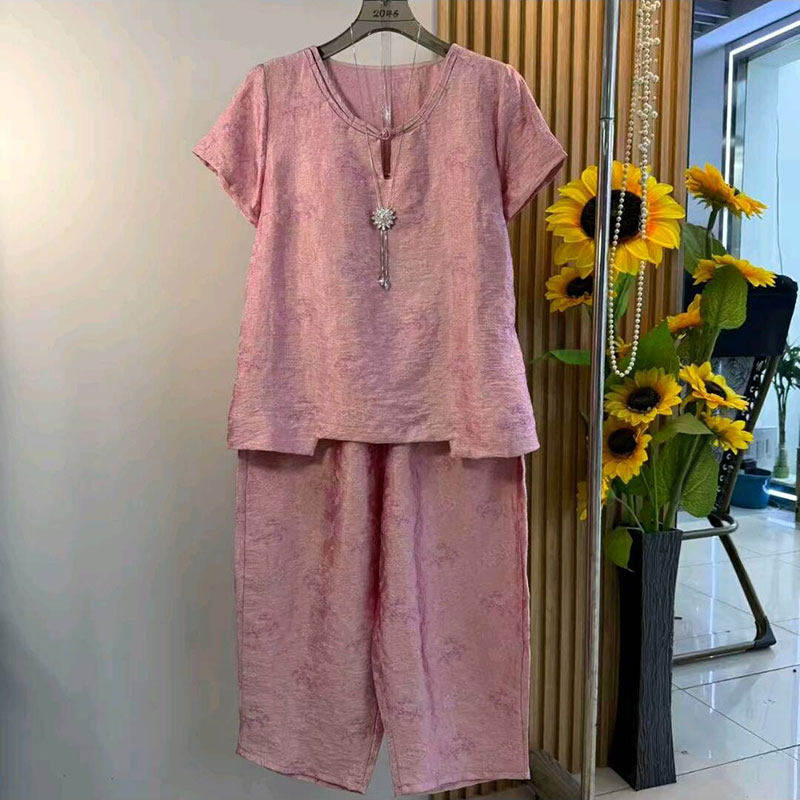夏季新中式大码阔腿裤两件套女