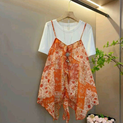 夏季韩版大码女装碎花吊带两件套