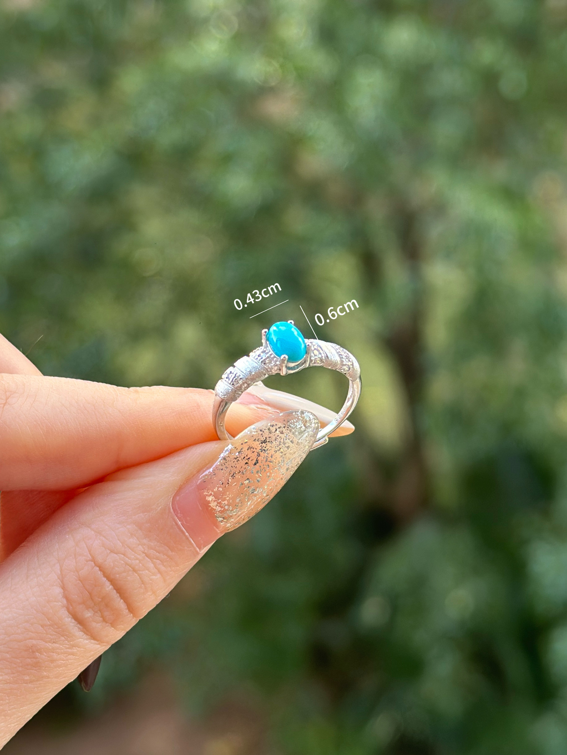 天然美国原矿绿松石S925纯银戒指 莫桑石镶嵌 开口可调节