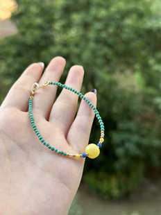 天然蜜蜡绿松石手链 搭配青金石 S925纯银扣头尾链