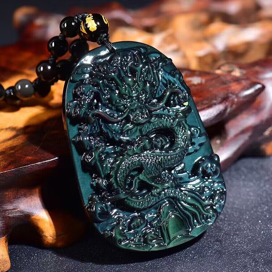 天然黑曜石龙牌吊坠男士款霸气龙形挂坠开运招财项链水晶饰品礼物