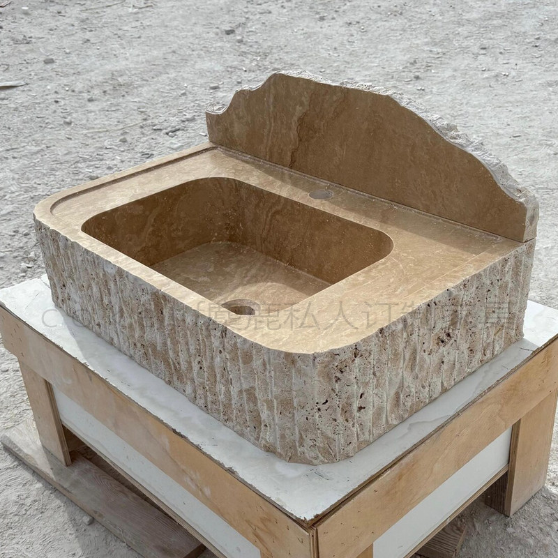 中古风天然洞石壁挂式洗手盆一体雕刻单盆设计师款别墅卫生间家用
