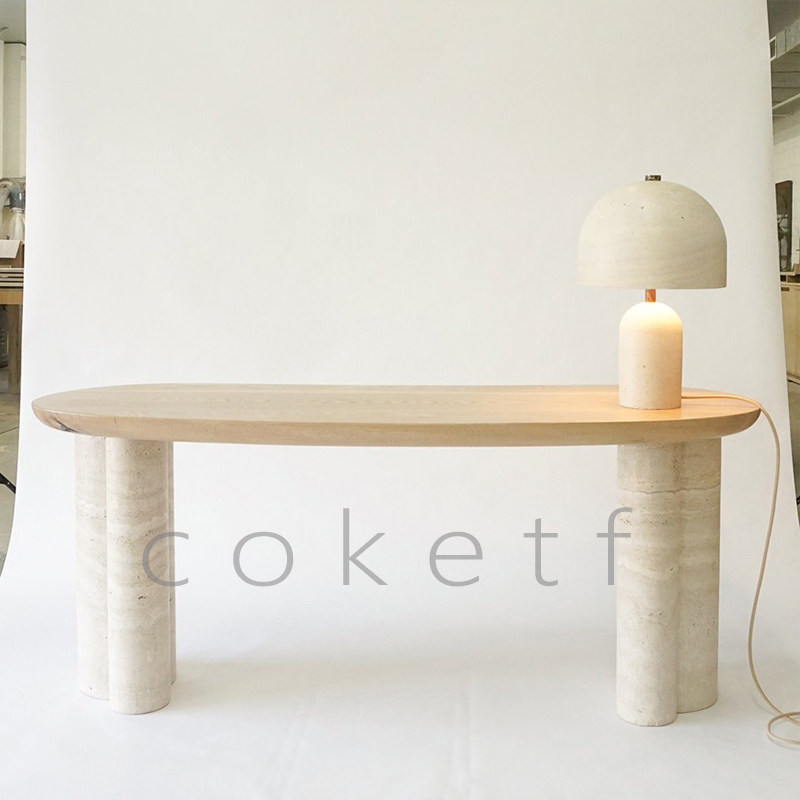 中古风2025新款轻奢高级感天然罗马洞石大理石实木椭圆形书桌长桌