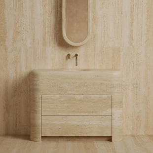 CURVATA独立式单盥洗台设计师款天然洞石一体洗脸盆立柱盆浴室柜