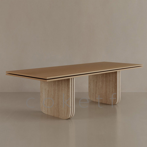 侘寂风极简设计师款长方形意大利罗马洞石餐桌小户型家用实木桌子