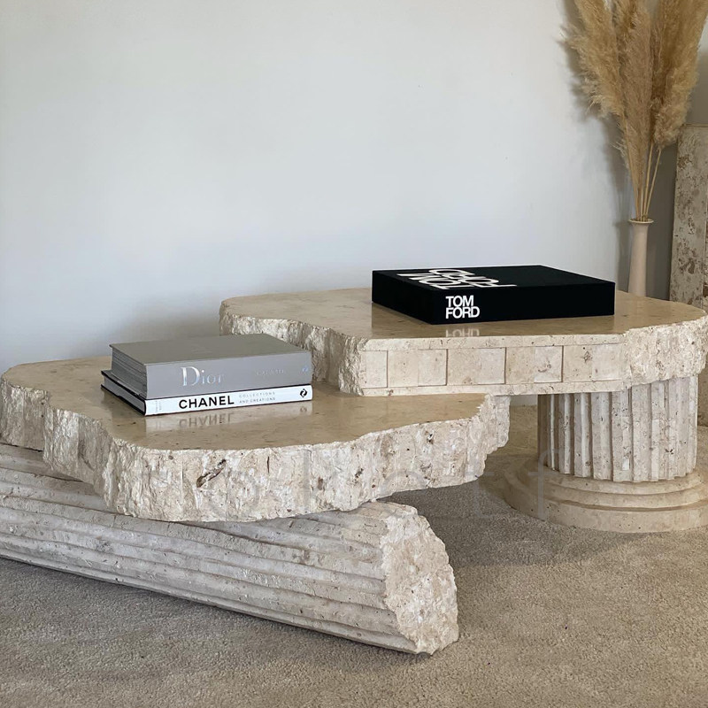 侘寂风天然罗马异形洞石茶几设计师款法式高级感中古客厅咖啡桌