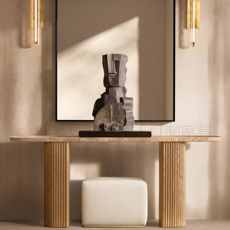 Mulholland Emperador实木控制台桌美式入户门口大理石玄关桌条几