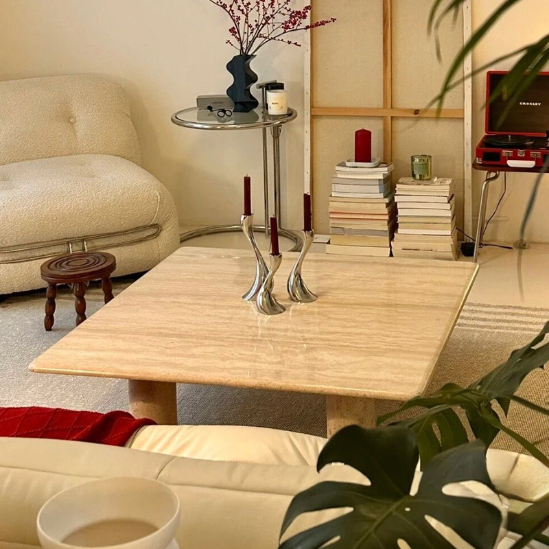 北欧极简天然大理石洞石茶几新款高级感别墅客厅正方形沙发咖啡桌