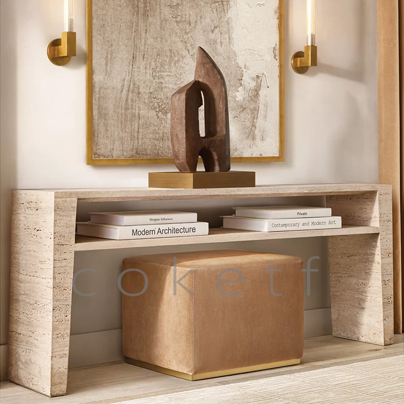 侘寂风简约天然罗马洞石大理石入户靠墙客厅玄关桌展示台设计师款