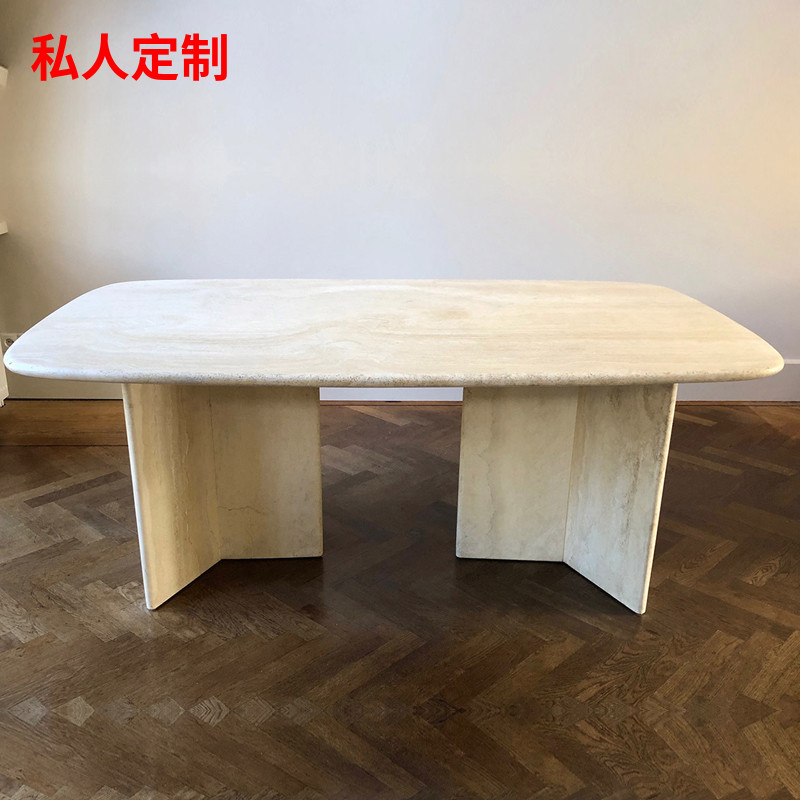 侘寂风天然洞石餐桌设计师样板间6人饭厅长方形吃饭大餐台长饭桌