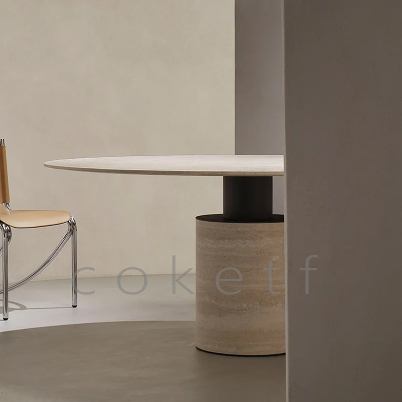 侘寂风极简天然罗马洞石圆形餐桌设计师款小户型家用大理石圆桌子