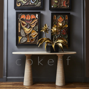 侘寂风设计师款别墅入户客厅靠墙玄关桌天然洞石大理石高级感条案