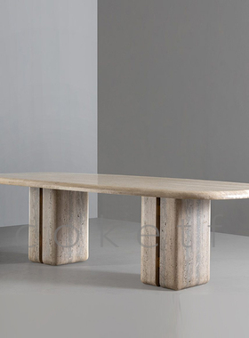 法式Gravis轻奢高级感天然罗马洞石大理石长方形餐桌设计师别墅桌