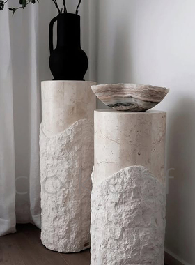 侘寂风简约Pila破碎洞石圆柱边几设计师款小户型客厅沙发边桌角几