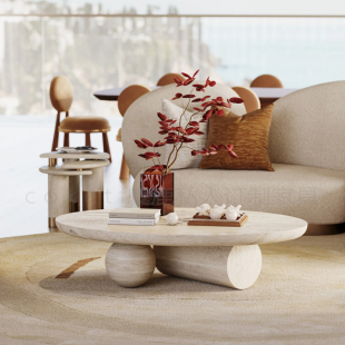 ravel中古天然洞石大理石椭圆形茶几设计师客厅沙发高级感咖啡桌