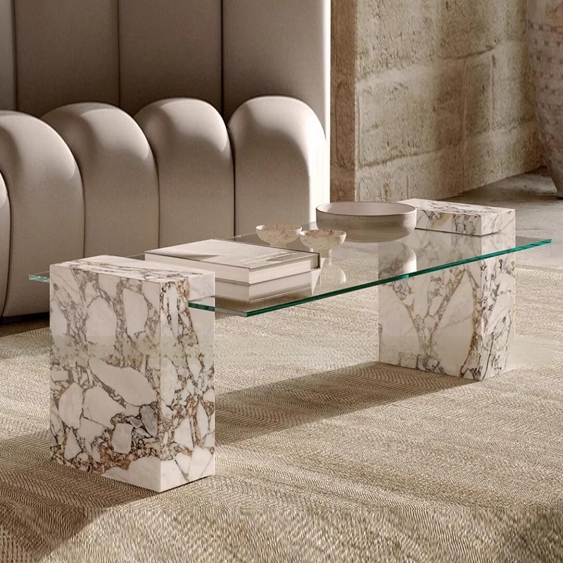 现代简约天然大象白大理石长方形玻璃茶几设计师客厅沙发咖啡桌