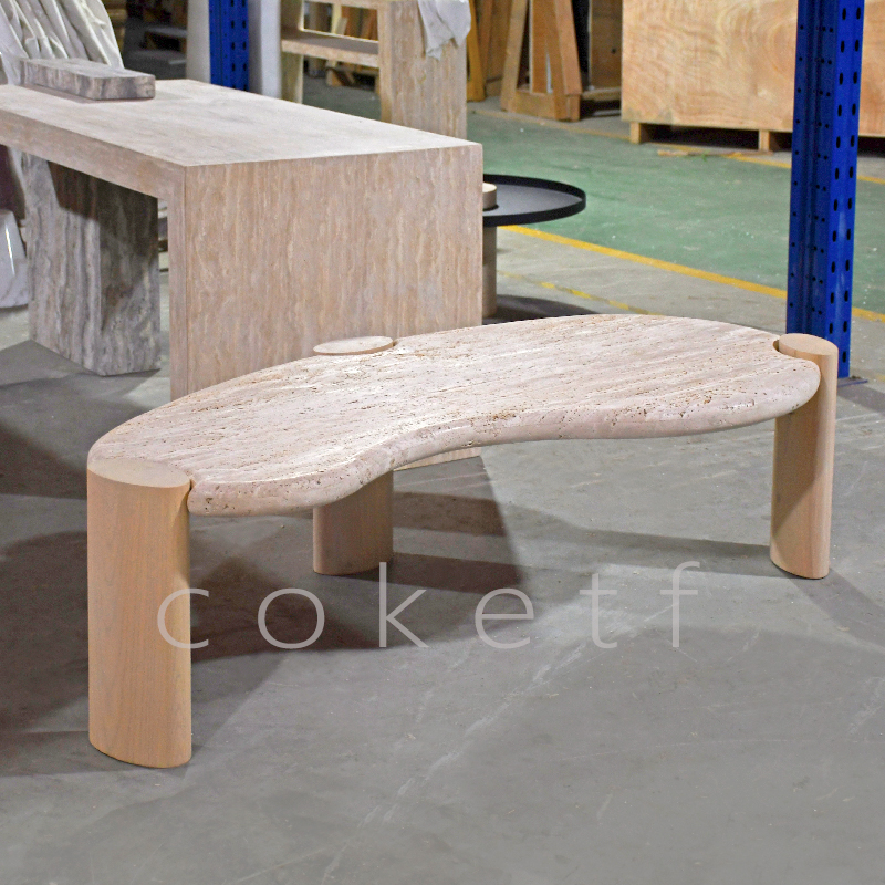 奶油风天然大理石洞石腰形茶几设计师款客厅沙发实木高级感咖啡桌