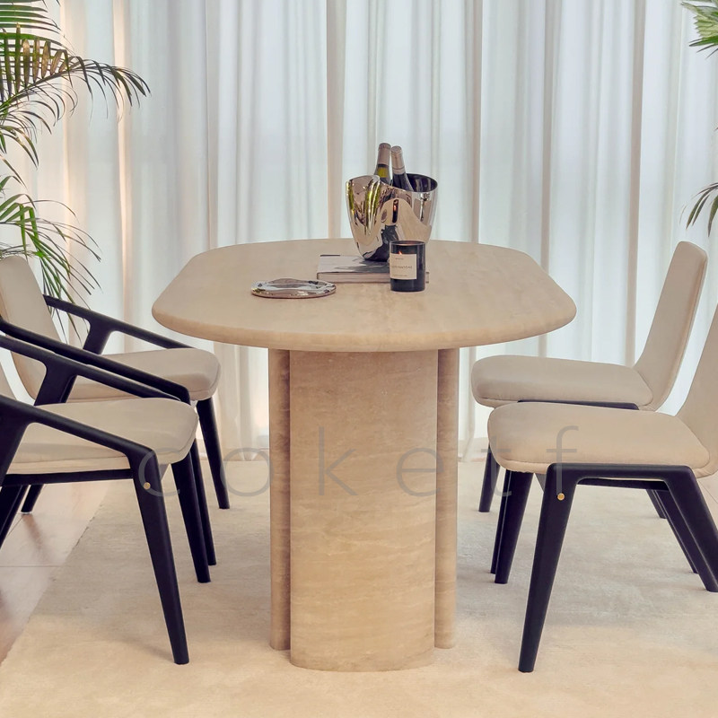 侘寂风极简天然洞石大理石餐桌 现代别墅样板房西餐厅长方形餐桌