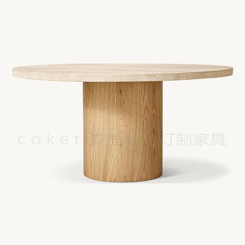 Mizu中古风天然洞石圆形餐桌家用设计师款美式高级感实木圆桌子